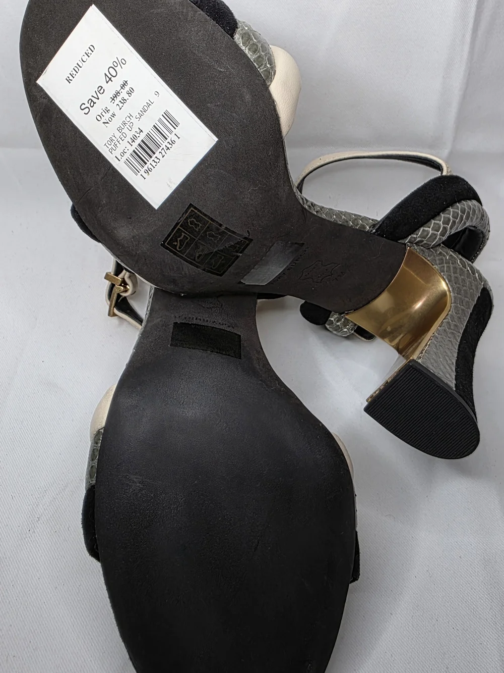 Tory Burch Black and Beige Ankle-Strap Heels with Gold Block Heel